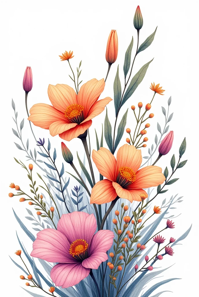 beautiful complex floral line drawing with soft shading, colorful