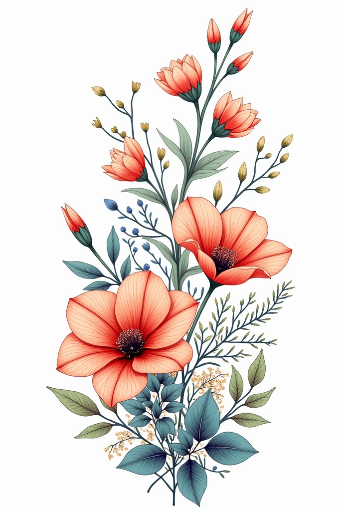beautiful complex floral line drawing with soft shading, colorful