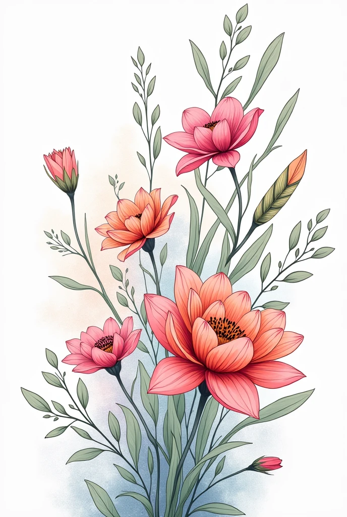 beautiful complex floral line drawing with soft shading, colorful
