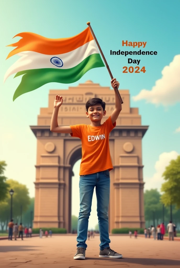 A real 24 years old boy, Wearing Orange T shirt blue jeans sneakers and the name "EDWIN " is written on his t-shirt and the boy is standing on the road with holding a national flag of India, and behind him is the India gate Delhi. And "Happy Independence Day 2024" written at above sky Create Realistic image high quality.
HAPPY