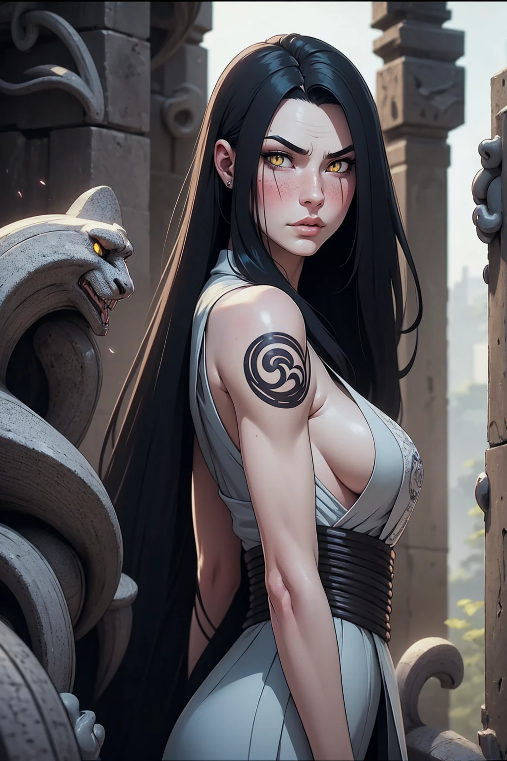REALISTIC VISION 1.4, BETTER VAE,sharp focus, ultra detail, 32k,realistic photo, intricate details, anime styling, master part, absurderes, orochimaru\(naruto\), 1girl solo, mature woman, Oversized shirt with wide shoulders, perfect composition, circunstantiated lips, beautiful face, body proportion, blush, long hair, yellow eyes, snake eyes, soft gauze, super realistic, circunstanciado, photo shoot, Realistic faces and bodies, master part, best quality, best illustration, hiper detail, 1 girl, standing alone, glamourous, blush, fully body, backwards, looking back