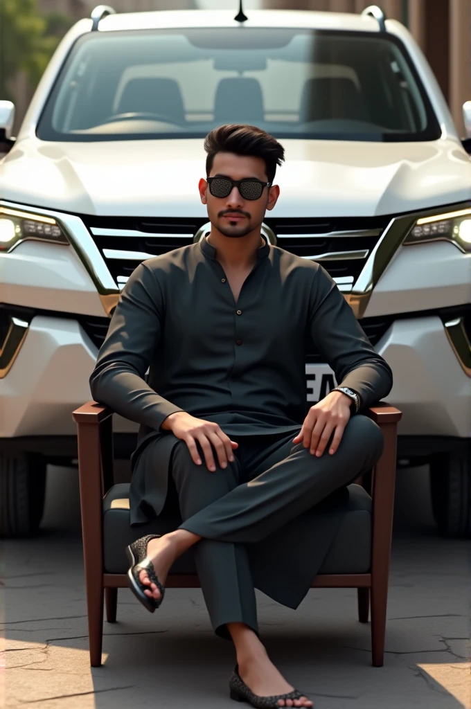 Create a 3d image of a 20 year old boy sittingcasually on a chair In front of a White Fortuner carand smoking. name "Nabeel" is written on numberplate of the car. the boy is wearing black kurtapajama with sun glasses. ultra realistic theme isused on the background.