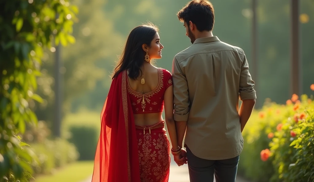 realistic, best quality, very detailed, Beautiful A 21 year old Indian girl she is wearing red colour suit salwar and she is going towards the garden and behind her she also has boyfriend when I am going hand in pocket and the girl is a little bit shy And she has boyfriend behind her too.hd realistic art image