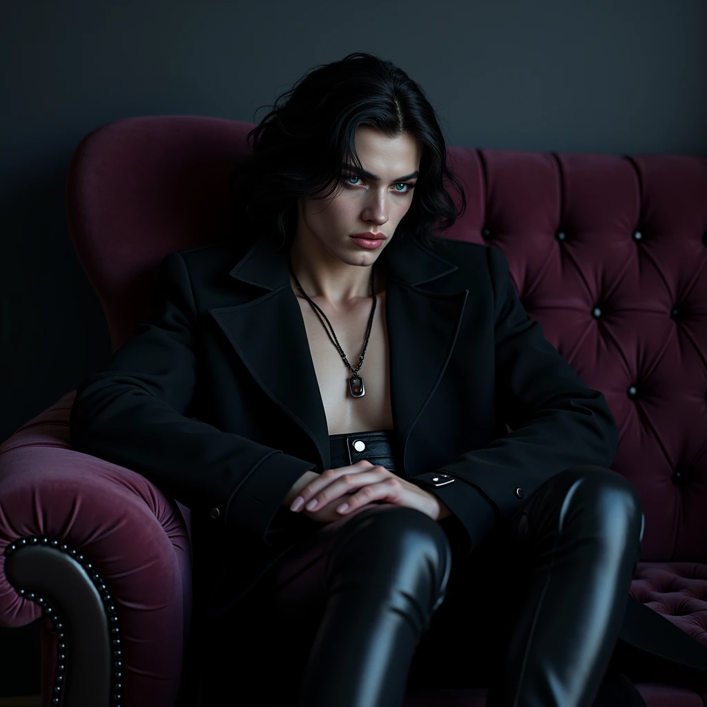 A sexy young male with teal blue eyes and long straight black hair, with pretty and delicate facial features, he is wearing gothic black clothes. His skin is pale and white. He has thick and shiny legs. (Male) (Black and purple) (Make it realistic) ((no facial hair)) ((no body hair))) ((masterpiece)) ((detailed) (((NO facial hair or body hair)) ((sexy)) (((show his full body)) (((he looks attractive)) (smirking) (he has gothic makeup on his face) ((show his whole body)) (MALE)) ((BOY)) ((NON-FEMALE)) ((he's laying his head on a boy's lap))