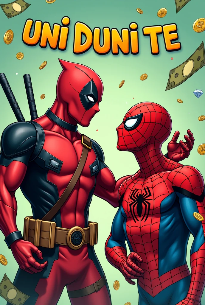 Deadpool annoying spiderman, dollar bills, diamonds, coins, background in light green and Uni Duni Te as the tittle and do it in a square proportion 