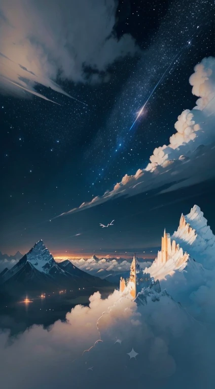  School of wild ducks, Flight, Mysterious clouds, expression of surprise, incredible views, Not available, in the sky,  stars, illuminating the night sky,  High Mountains, Amazing view , Fly as much as you want, Through the clouds,  Shocking scene with outstretched wings, Huge starry sky, A fusion of tradition and modernity./masterpiece illustration,  high quality, 8K, A high resolution, 