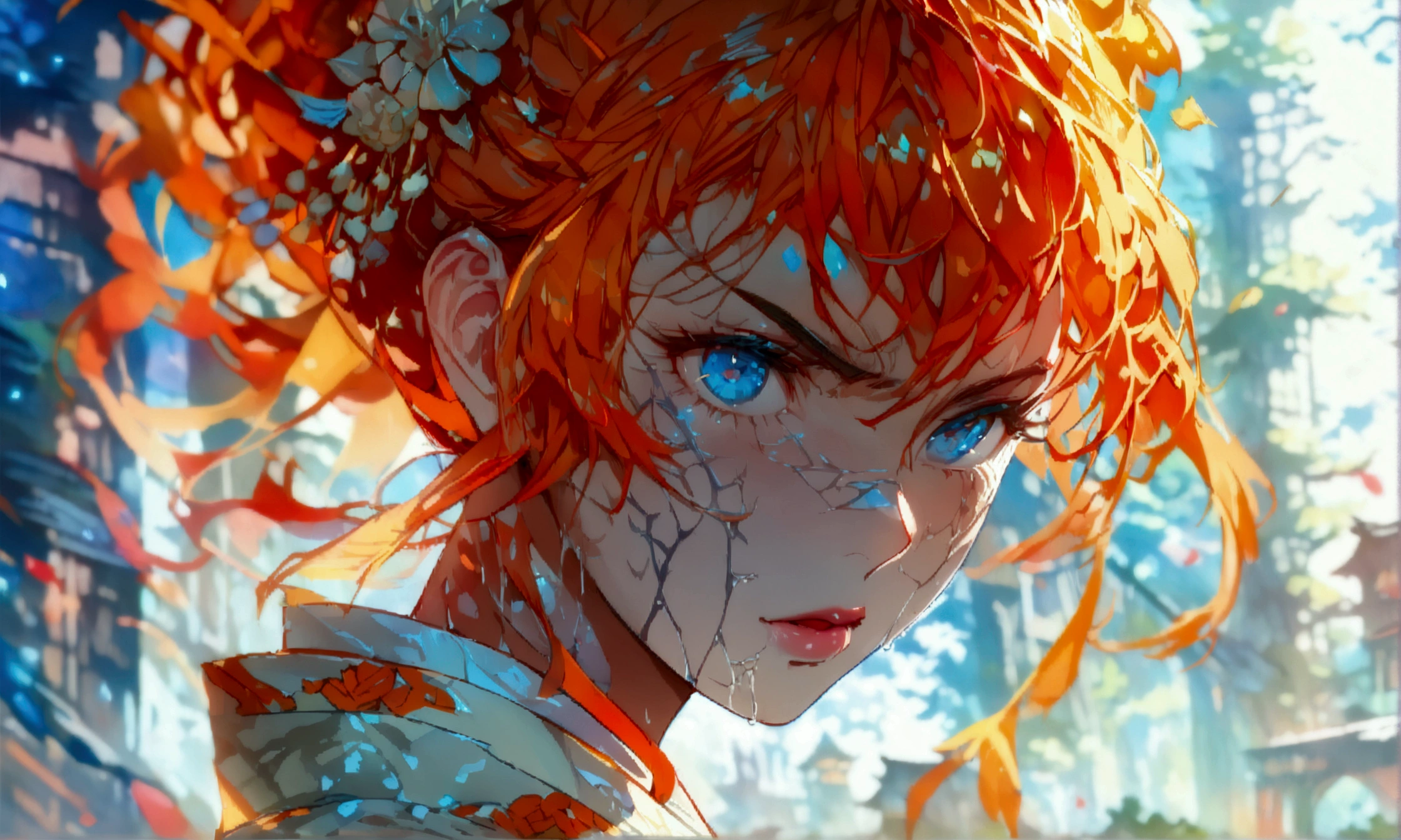 Girl, big messy orange hair, light blue eyes, white kimono with orange details, angry expression, ((Intricate anime character design inspired by Demon Slayer)), ((stunning lighting)), ((fine lines)), ((stunning focus)), ((stunning face)), ((detailed focus)), ((detailed background)), ((ultra-fine 2D design)), ((scenery bathed in creativity)), ((2D masterpiece)), ((best quality), ((8K)), ((anime style))