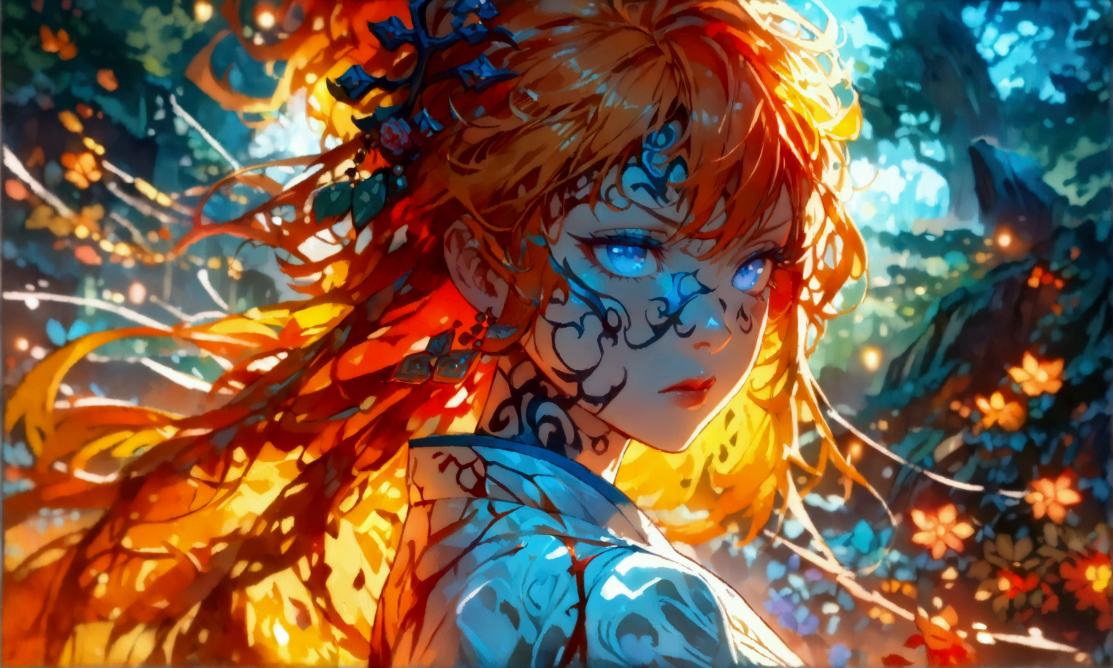 Girl, big messy orange hair, light blue eyes, white kimono with orange details, angry expression, ((Intricate anime character design inspired by Demon Slayer)), ((stunning lighting)), ((fine lines)), ((stunning focus)), ((stunning face)), ((detailed focus)), ((detailed background)), ((ultra-fine 2D design)), ((scenery bathed in creativity)), ((2D masterpiece)), ((best quality), ((8K)), ((anime style))