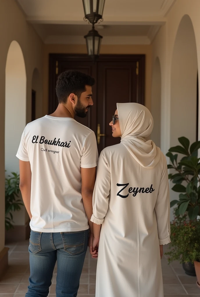 A light-skinned young man. It says on his shirt "El Boukhari" Civil engineer standing next to his beautiful white architect wife wearing glasses, it says on her dress "Zeyneb" 
entering their home, the atmosphere is beautiful.
The wife is Muslim and covered.
They are carrying their beautiful  daughter.
The husband's shirt says « El Boukhari »
And the wife's dress says « Zeyneb »
