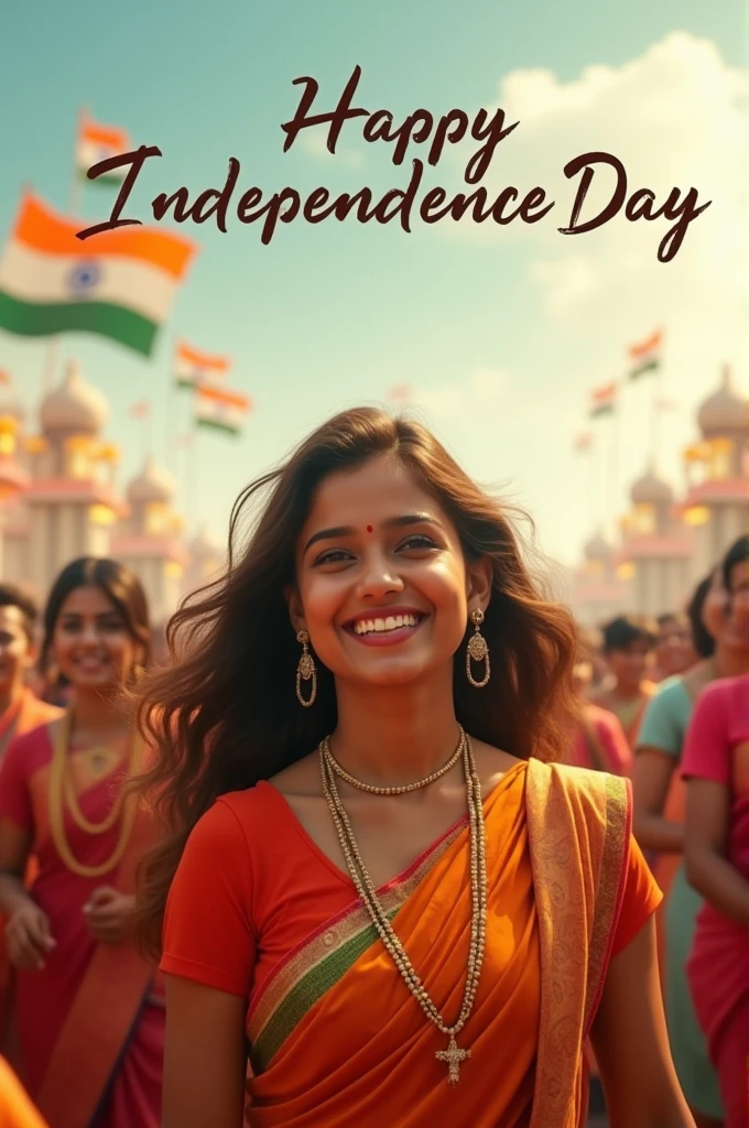 A real 29-year-old girl joyfully celebrates Indian Independence Day. she is wearing traditional Indian outfits with the name "CHANDINI" written on her attire. Above her, in the sky, the words "Happy Independence Day" are displayed in a bold font. The backdrop is filled with people celebrating, enhancing the festive and patriotic spirit of the day.make sure text should be correct.
