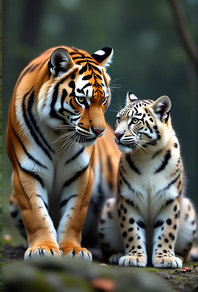 "Generate an ultra-high definition image capturing a Siberian Tiger and a snow leopard in a graceful and classic cat pose. Utilize advanced macro photography techniques to highlight the intricate details of their fur, whiskers, and expressive eyes. They are looking at each other.

Position the camera at the cat's eye level, creating an intimate connection between the viewer and the feline subject. Implement a wide aperture to achieve a shallow depth of field, allowing the cat to stand out sharply against a softly blurred background.

Enhance the lighting to emphasize the textures and contours of the cat's body, using soft, diffused lighting to eliminate harsh shadows and create a gentle, inviting atmosphere.

Capture them in a relaxed but poised position, showcasing its flexibility and elegance. Experiment with capturing the moment during natural movement, such as stretching or grooming, to convey a sense of authenticity.

Implement post-processing techniques to refine the image's clarity, contrast, and color balance, ensuring that every aspect, from the their intricate patterns to its intense gaze, is rendered with breathtaking detail.

Ultimately, convey their  serene beauty and innate grace, capturing a fleeting moment that celebrates the unique essence of feline curiosity and poise."