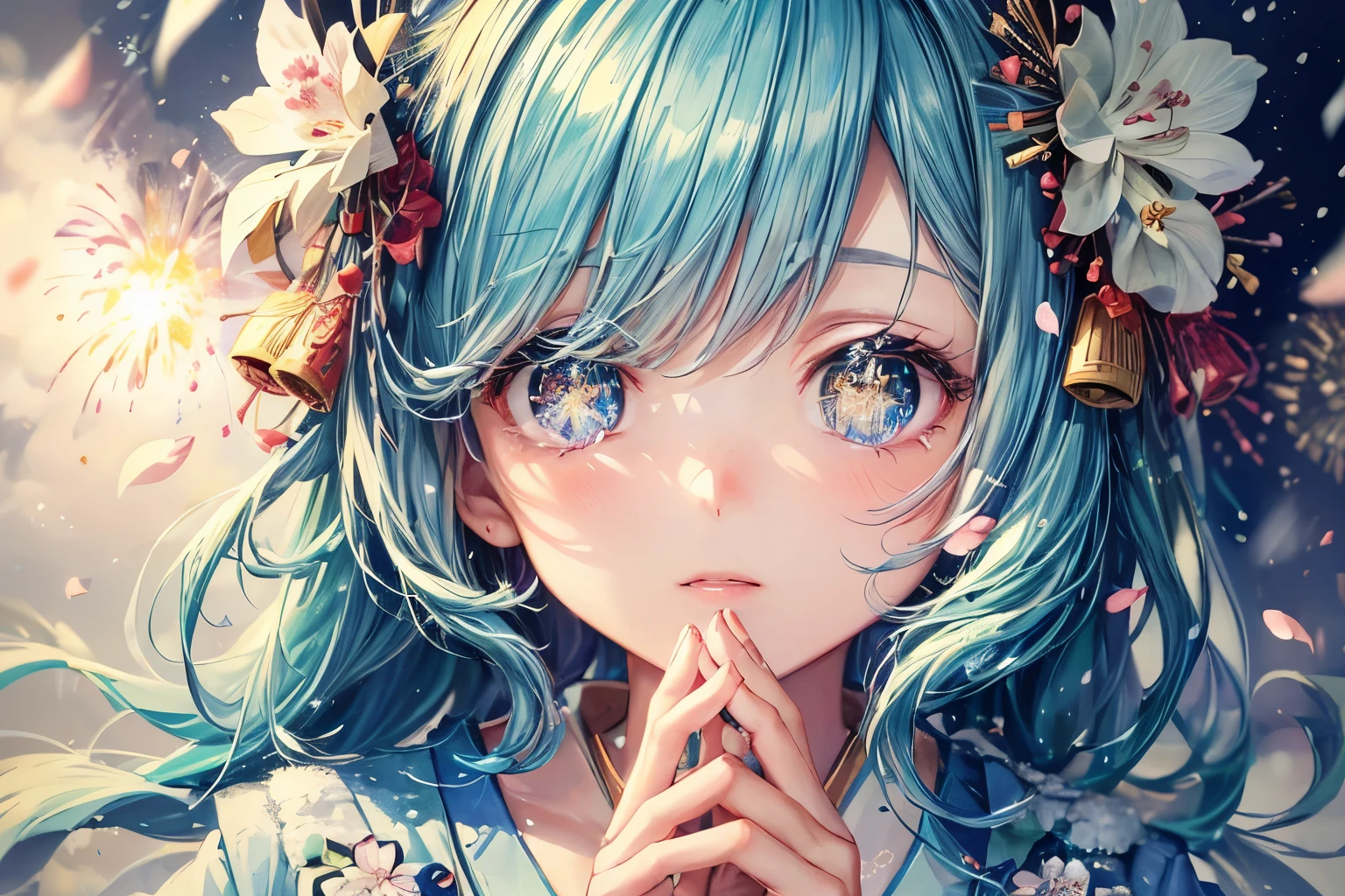 ｛Lowest Quality, Low Quality}, ((Girl)), Solo, (Close-up: 1.3), (Face Focus: 1.4), ((Half-up, Light blue Hair)), Clear Eyes and Plump Lips, Beautiful Light blue Eyes: 1.2), Speaking Heart, Praying Hands, (Perfect Hands: 1.3), (Traditional Japanese Costume: 1.2), (She is wearing a kimono with a firework pattern, Delicate and Fine Embroidery: 1.3), Embarrassed, Standing Bow, Looking at the Viewer, Tilts Head, (Snowstorm, Scattered Petals: 1.5), (Light Particles, Light Sparkles: 1.4), firework Effect, ((firework　Background)), firework flowers on the left and right, firework photo frame, High-Angle Shot, Must-Have, Best Quality, Super Detailed,