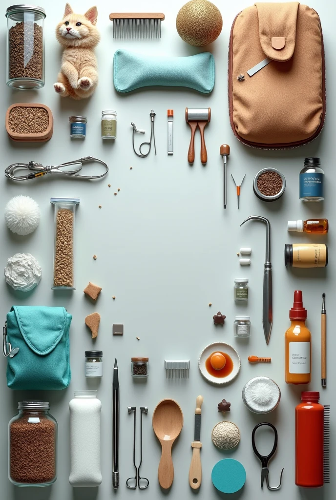 Generate one of images about materials and things that an animal health business would carry, that carries the type of soil, type of wall, type of utensils, colors among others. Also generate them as separate images