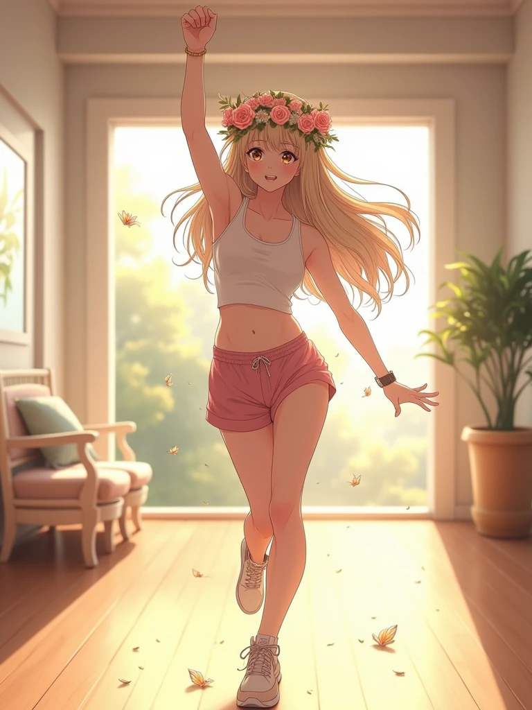 A pretty girl, 1 girl, doing exercises, in an exercise room, wearing beautiful casual clothes, pretty eyes, realistic anime version, fantasy, pretty face, long hair, flowers headband