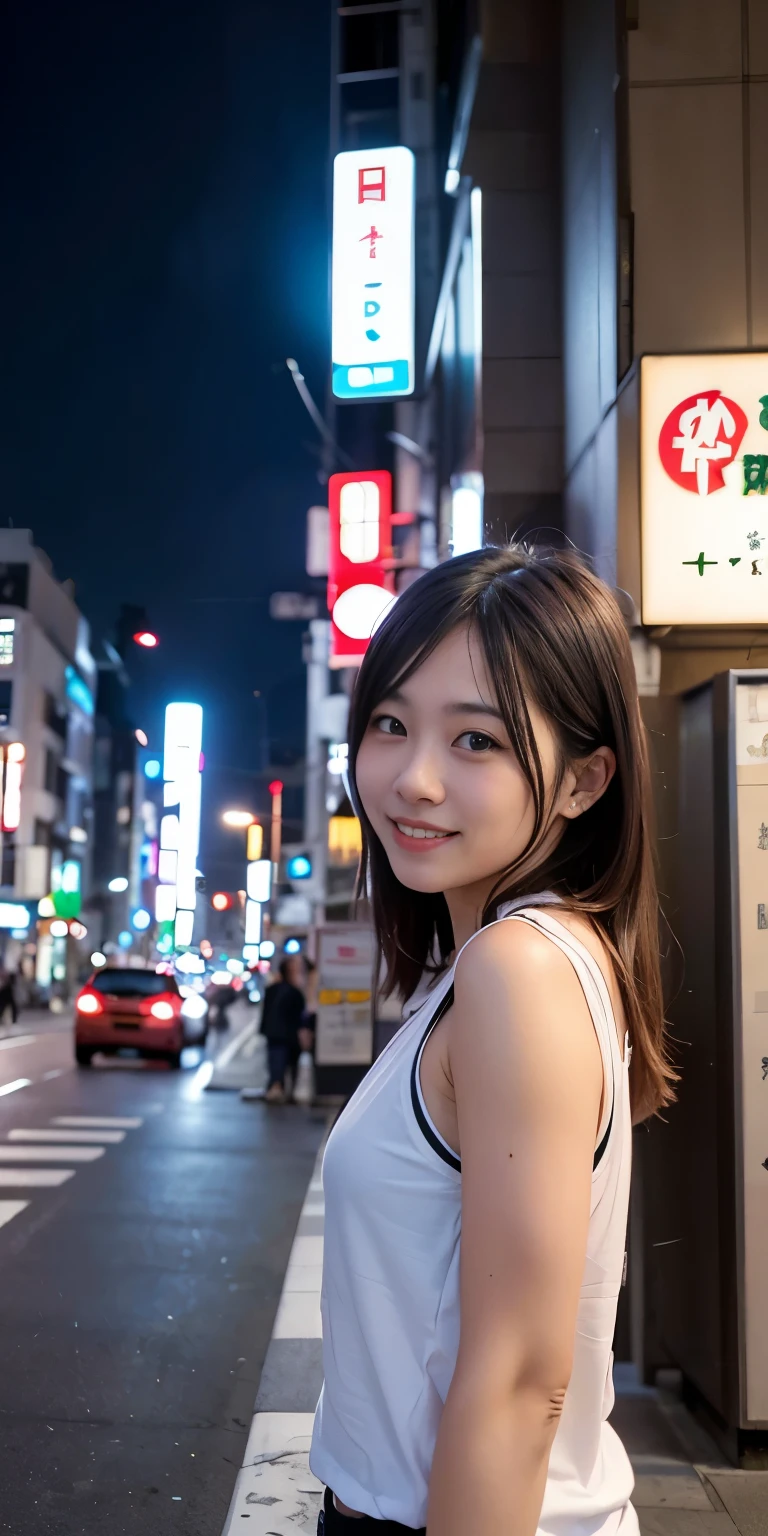 1 person, Tokyo Street,night, Streetscape,City lights,Upper Body,close,smile,, (8k, RAW Photos, Highest quality, masterpiece:1.2),(Realistic, photo-Realistic:1.37),