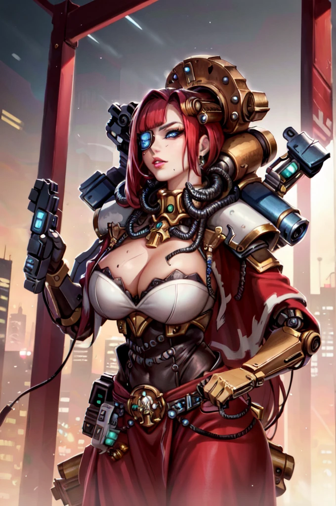 perfect eyes, perfect face, ultra detailed, blue eyes, determined, looking down, thick eyelashes, eyeliner, red hair, blunt bangs A robot girl adepta sororitas with a futuristic appearance and advanced technology, (ultra-detailed,realistic:1.37), [prostituta], beautiful detailed eyes, beautiful detailed lips, long eyelashes, eyepatch , vibrant synthetic skin, sleek metallic body, glowing LED lights, impeccable makeup and hairstyle. She stands in a bustling city street, surrounded by holographic advertisements and neon lights. The cityscape is filled with towering skyscrapers and futuristic vehicles. The air is filled with a mix of artificial scents and the bustling sounds of people and machines. The robot adepta sororitas confidently walks with a graceful and alluring demeanor, drawing the attention of onlookers. The color palette is a combination of vibrant neon colors and cool metallic tones. The lighting is a mix of the bright city lights and the soft glow of the robot girl's LED lights on her body, creating an enchanting atmosphere. The image is of the highest quality, with ultra-detailed rendering and a photorealistic appearance.
