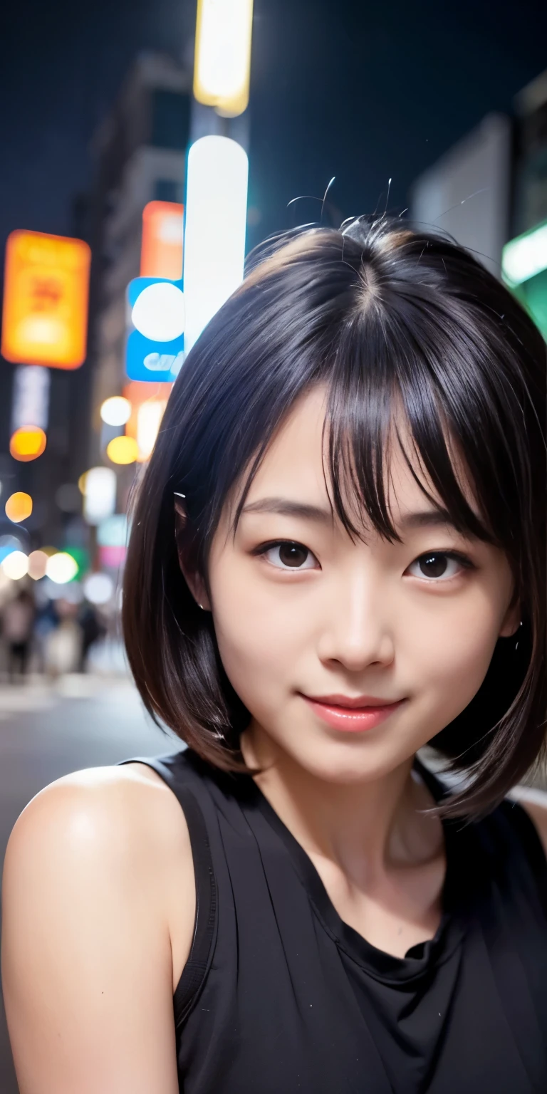 1 person, Tokyo Street,night, Streetscape,City lights,Upper Body,close,smile,, (8k, RAW Photos, Highest quality, masterpiece:1.2),(Realistic, photo-Realistic:1.37),
