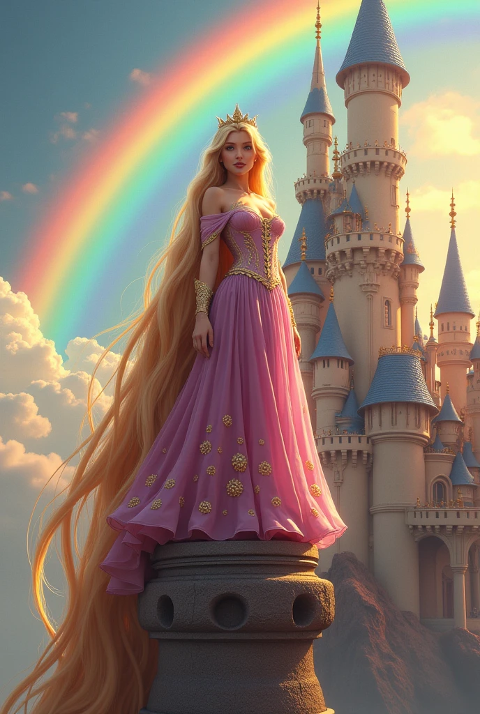 A woman with very long blonde hair almost reaching the ground, dressed like Princess Rapunzel from the fairy tales, She is facing forward, looking directly at the camera, She is standing on the tower of a beautiful colorful castle with the light of a rainbow in the background