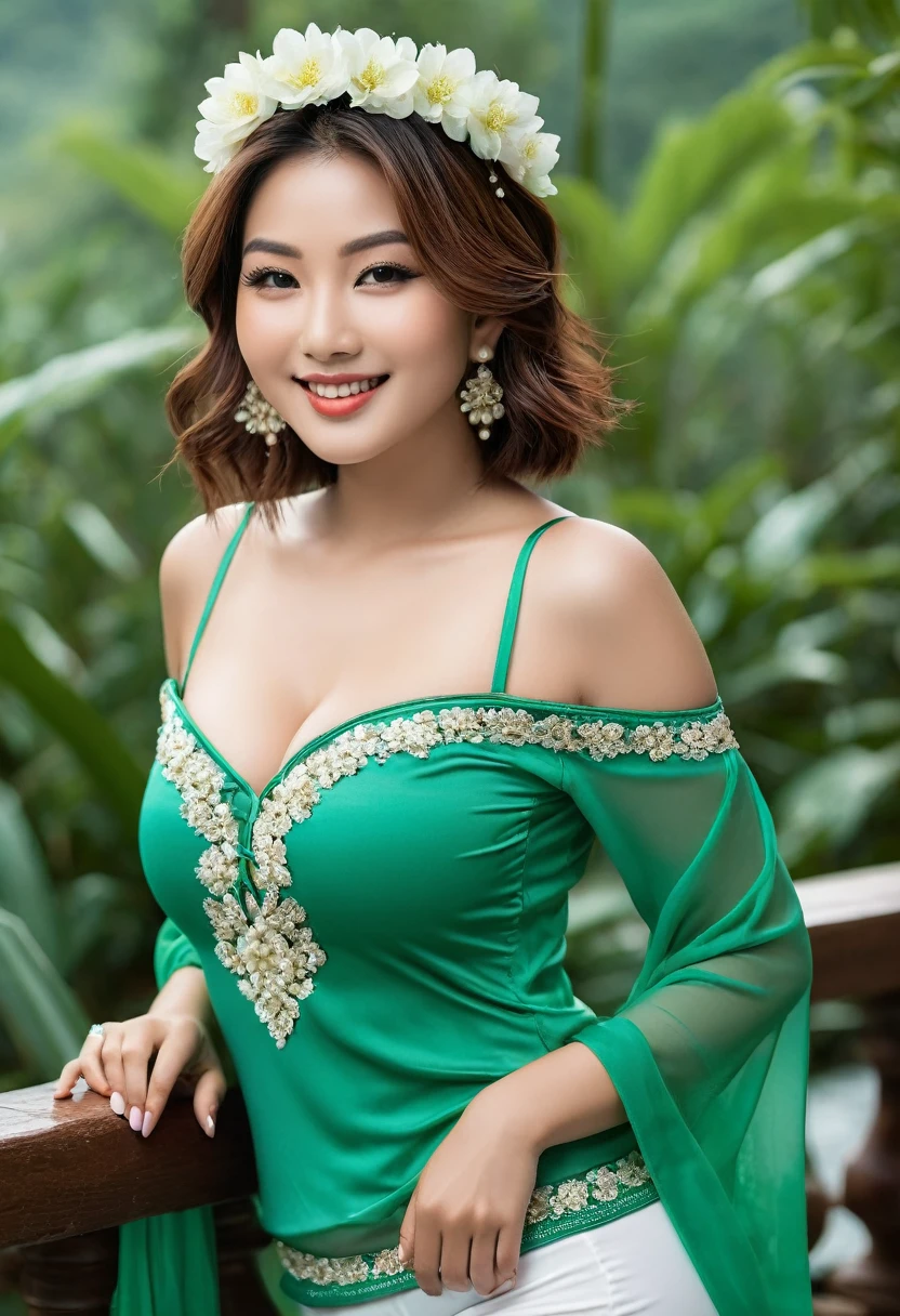 Create an image of an Asian woman, 'She's fit', standing, very beautiful, dressed as a prostitute, wearing two-piece lingerie, very sexy, highlighting the following characteristics: With a sculptural body, voluminous breasts,
thick and toned thighs, a symmetrical face with smooth skin, without imperfections, a beautiful smile, posing for a sensual photo shoot((Highest quality, 8k, masterpiece :1.3)), Sharp focus :1.2, Beautiful woman with perfect figure :1.4, Slim Abs :1.2, ((Big Breasts, Emphasize cleavage:1.3)), (Photorealistic:1.4), (realistic:1.4), (Short Bob Hair, Light brown hair:1.5), Highly detailed face and skin texture, Fine grain, double eyelid. Makeup face. A little bit of lipstick, sex appeal, Sexy gravure pose, ((Wearing a green off-the-shoulder top and white leggings、Wearing pearl earrings in nature、Strike a sexy pose。:1.3)gorgeous Pakistani cute curvy dark-skinned Muslim woman wearing a beautiful multicolored traditional Muslim dress, plus size body, a white flower crown on her head, curvy hot body, besides a rainforest, flowers in hand, black long hair, beautiful, one-hand raised, big smile, full body, sea breeze in the background, full light on the face, photorealistic, High resolution, Best Picture Quality, Masterpiece Level, Ultra High Resolution,sea breeze background