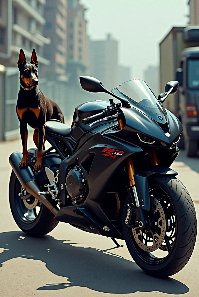 Black Evolution ix and and black yamaha r15 and and doberman dog and isuzu freezer lorry all in one picture