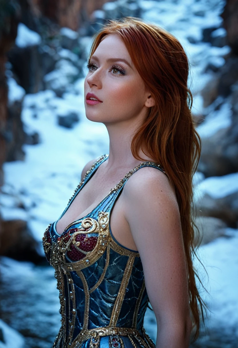 ​masterpiece, An ultra hot, beautiful European. age 23. She is a playmate,men magazine model.(((Redhead in elaborate dress stands in cinematic, snowy canyon slot, fotografia))) soft lighting, colors, Very detailed, dramatic lighing, trendy digital art on Artstation 8k HD High Definition detailed realistic, detailed, Skin texture, Hyperdetailed, realistic skin texture, armor, best quality, ultra highres, (photorealestic:1.4), High resolution, detailed, Brute Photo, Sharp Re, nikon d850 film stock photograph 4 kodak portra 400 camera f1.6 lens rich colors hyper realistic lifelike texture dramatic lighing unrealengine trending on artstation cinestill 800, (((Precise female anatomy, perfect eyes))) (((500 Pixel, Stopper, Photo view.ru, metart,  ISO NOISE))) (((SFW clothing)))