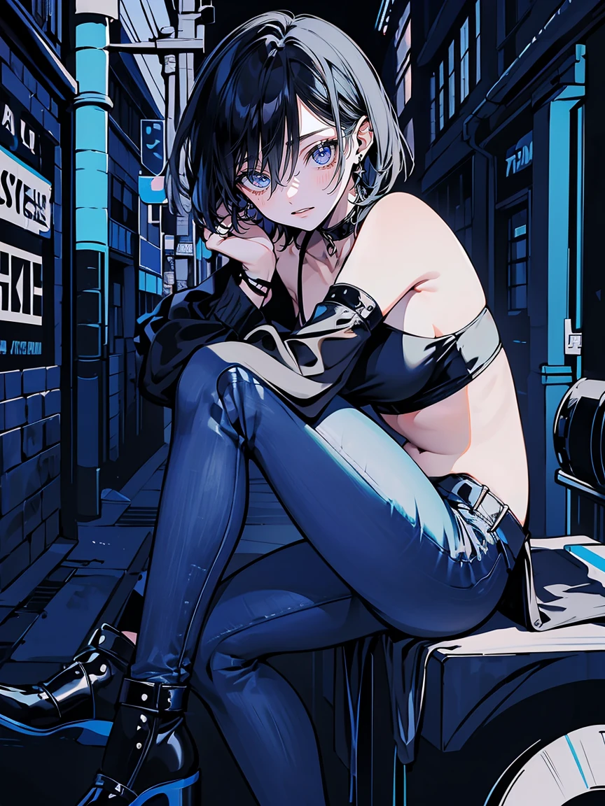 (best quality,very detailed,high resolution:1.2) Delicate Face Portrayal , woman with a perfect face , smile , Black bob , light blue eyes , BLUE EYELINER , A pose sitting with one leg raised , Blue tube top , long jeans , black choker , An alleyway background at dusk , Two legs , Five perfect fingers