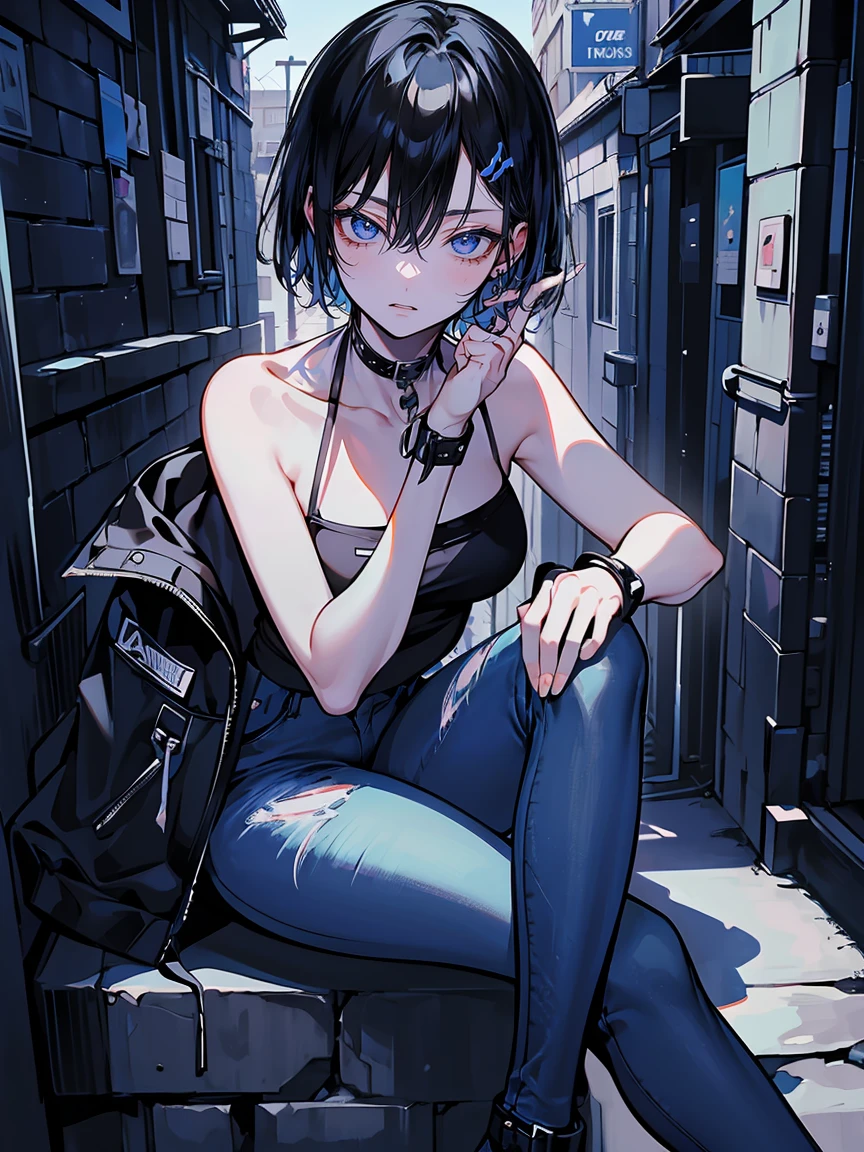(best quality,very detailed,high resolution:1.2) Delicate Face Portrayal , woman with a perfect face , smile , Black bob , light blue eyes , BLUE EYELINER , A pose sitting with one leg raised , Blue tube top , long jeans , black choker , An alleyway background at dusk