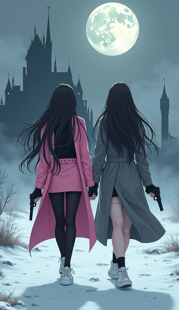 Two girls, long black hairs, yuri, Vampire Hunters
The first girl wear a pink long coat, black shirt, pink pencil skirt, black underpants, black tights, black gloves, black socks, white sneakers high top, holding a pistol gun on right hand.
The second girl wore a grey long coat, black shirt, grey pencil skirt, black underpants, black tights, black gloves, black socks, white sneakers high top, holding a pistol gun on left hand.
walking on the snow foggy, snowing, grey blue sky, moon, the vampire castle cartoon novel, 4K, HD