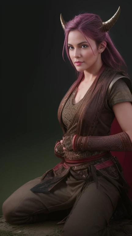 hdr, photoreal render, primitive, Detailed, Intricate details, (full bodyesbian:1.1), D&d character, Female mage warrior, (blushed skin:1.3), boot,battle, Side Chest, Clean and nice face, Horns, Red eyes, Craig Mullins, Clear forehead, disarm,