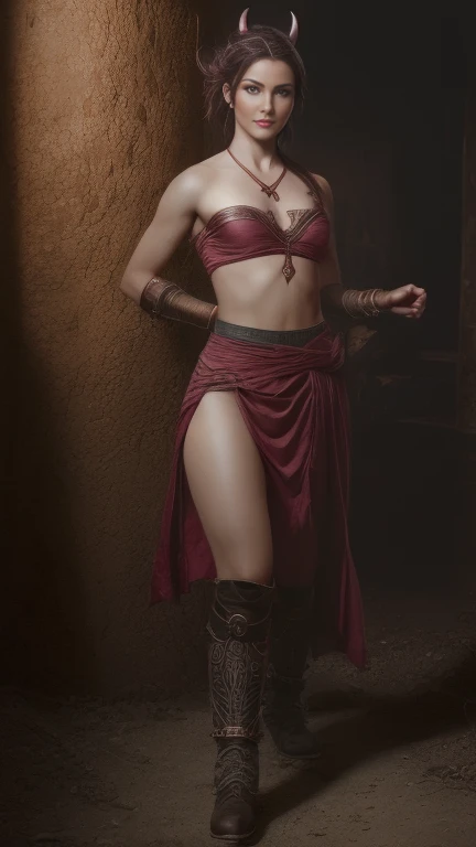hdr, photoreal render, primitive, Detailed, Intricate details, (full bodyesbian:1.1), D&d character, Female mage warrior, (blushed skin:1.3), boot,battle, Side Chest, Clean and nice face, Horns, Red eyes, Craig Mullins, Clear forehead, disarm,