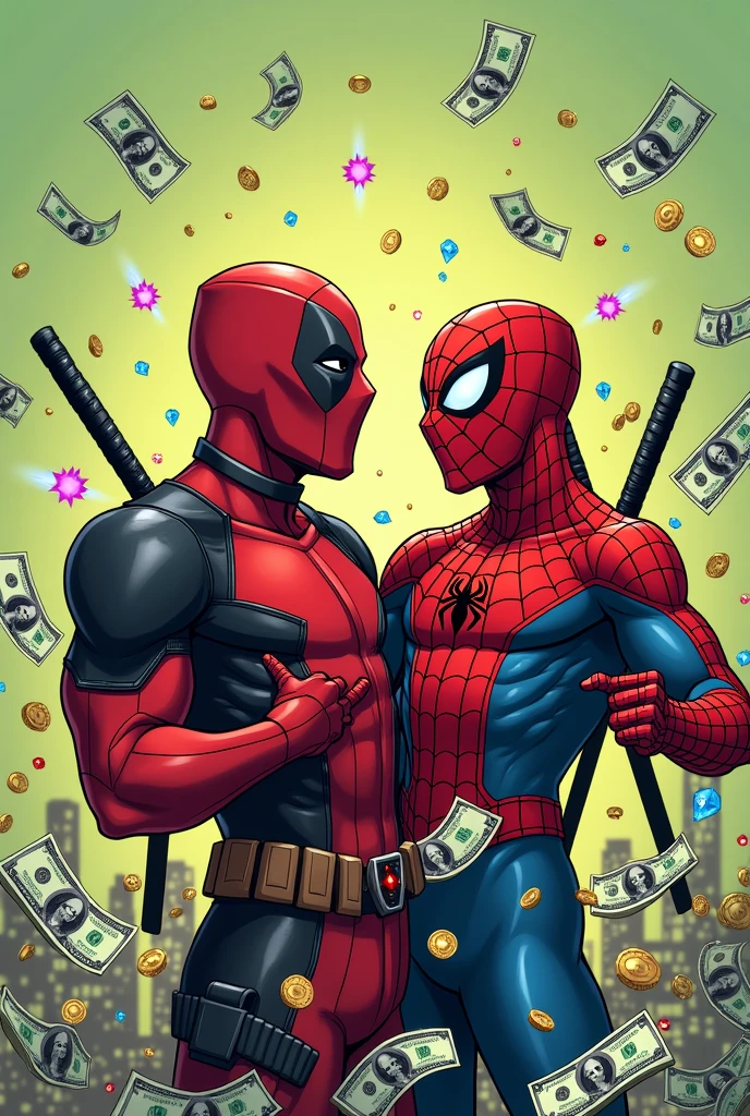 Deadpool annoying spiderman, dollar bills, diamonds, coins, background in light green and Uni Duni Te as the tittle and do it in a square proportion