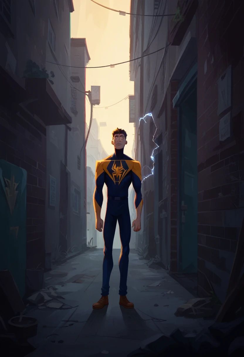 A flash of light fills the alley as Alex, now in his superhero suit, appears out of nowhere. Electricity crackles around him.
Alex (The Lightning Guardian)