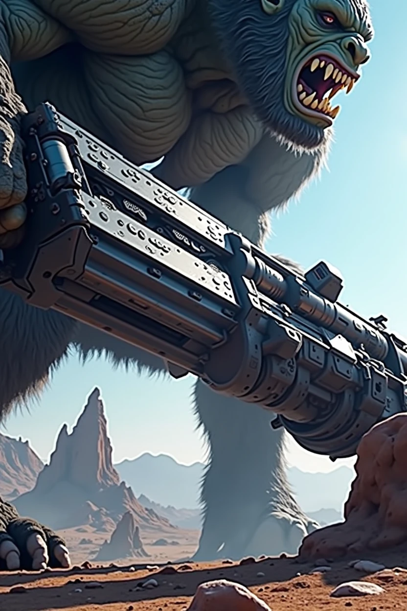 best quality, high quality, ultra quality, 8k, masterpiece, detailed, extremely detailed, insanely detailed, ultra detailed, ultra highres ,exquisite, lifelike Images,cinematic experience,UHD picture,Realistic,photorealistic,hyperrealistic,vivid,RAW photo,shot by DSLR, A Giant Troll holding A metallic Giant gun.  