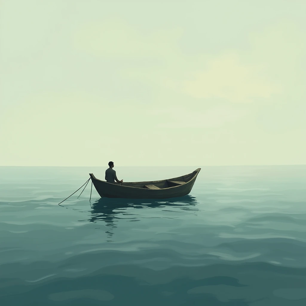 A small boat drifts on the vast ocean, symbolizing acceptance and serenity in the face of life's challenges