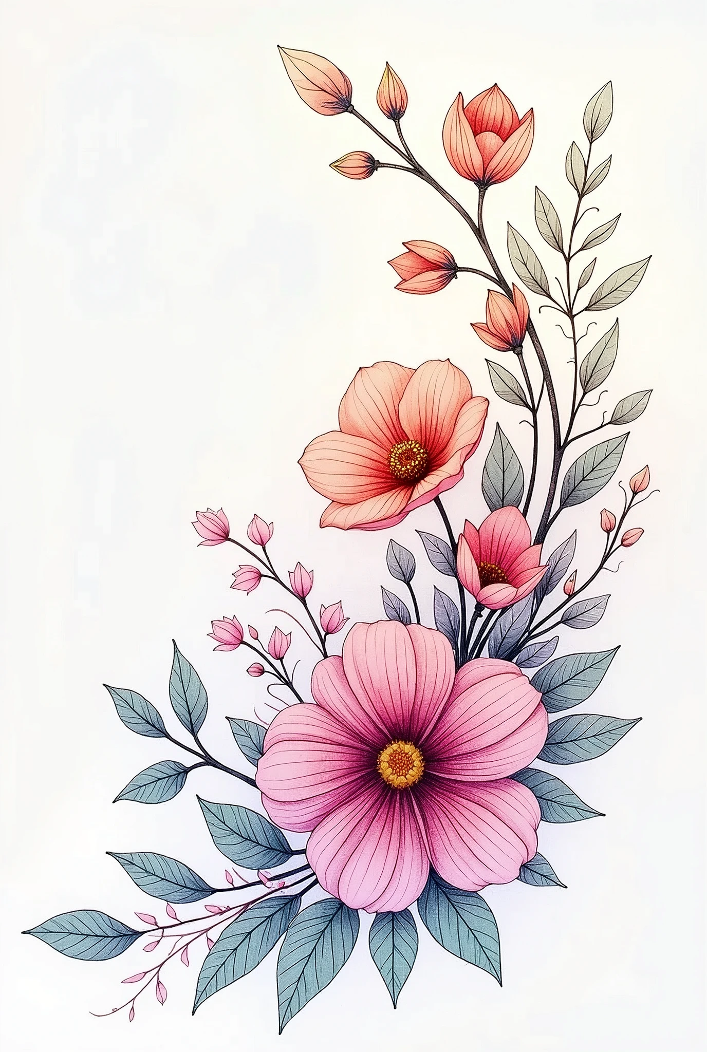 beautiful complex floral line drawing with soft shading, colorful