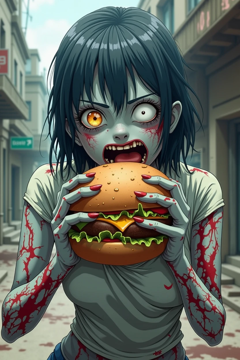 a female zombie eating a hamburger, anime style