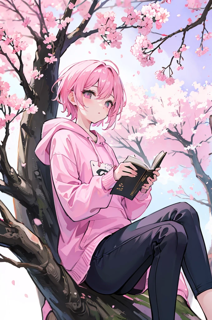 sitting under a cherry blossom tree reading a book、Pink short hair、wearing a pink hoodie and black pants、youth、man、male