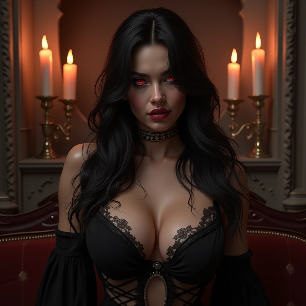 Gorgeous nude female vampire, long black hair, red eyes, enticing smile, voluptuous body, large breasts, NSFW, ancient castle interior, candles, giving blowjob