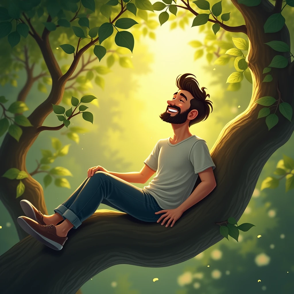 A happy guy stting on the tree
