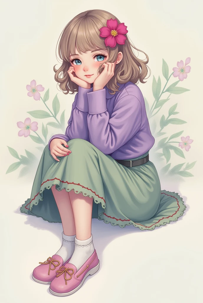 Create a girl with fair skin and freckles on her wrists and nose, gentle, clear blue eyes, half-circular glasses of a bright red color, medium wavy, shoulder-length hair, bangs that are a little above hazel eyes, she wears a violet shirt that covers half her shoulders and a pastel green skirt with dark green details, wears pastel pink shoes and white socks that cover her ankles, her accessory is a bright fuchsia flower hair clip, her personality is that of someone very kind and shy
