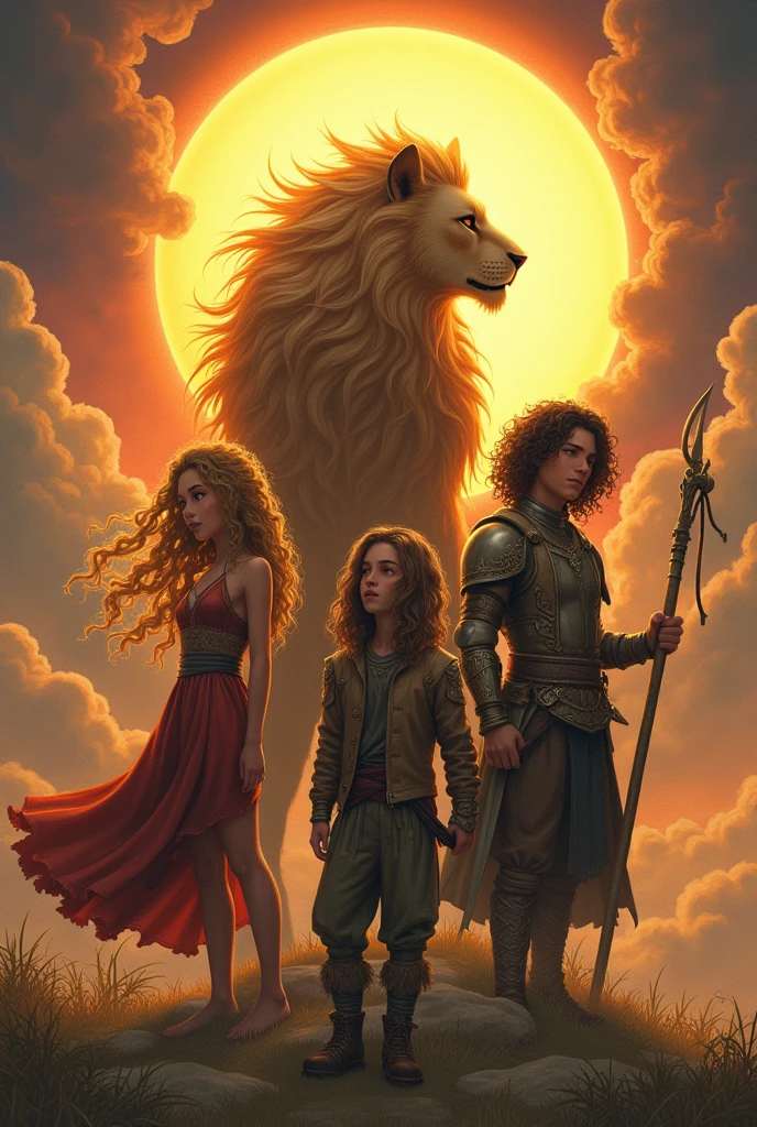 create an image that contains a blonde girl who can shine like the sun, a half Man half Lion Warriors character, two teenager skinny boys with curly hair, one wearing a druid outfit and Beard, the other boy with stylish clothes, and a brunette girl with slanted eyes, an eclipse in the background