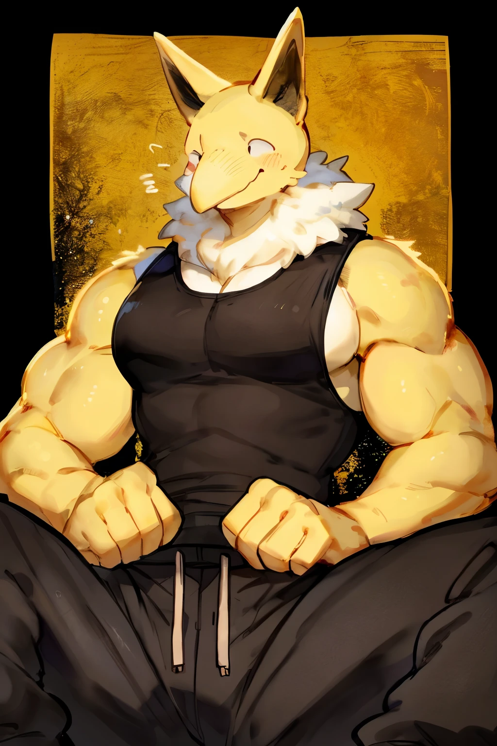 Furry, Anthro, solo, Hypno, Male, (((muscular body, massive male pectorals, yellow-gold skin, fluffy neck, wearing white fur around neck))), ((((massive biceps, wide-eyed, head tilted)))), ((((((massive bulky torso, happy, legs apart, wearing black full male tanktop, wearing black sweatpants)))))), upper body, black/yellow spraypainted background, by buta99, by zackary911, by bebebebebe, (((digital painting)))