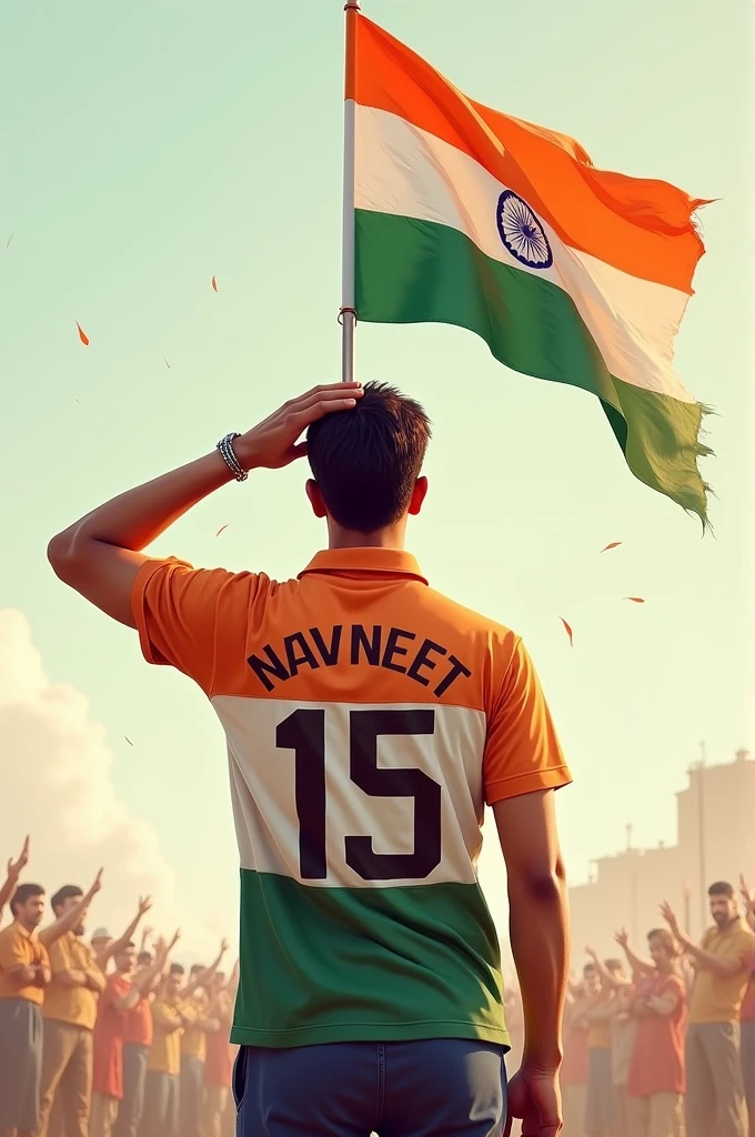A huge tricolor flag of India is waving. In front of it, karate fighter man is standing facing the flag and on his top garment 'Abhishek' is written and below 'Abhishek' 7 is written. His back is visible, his Don't forget to write your name fag is completely visible and he had hold in his left  hand knife nunchaku . remember that don't  blur flag 