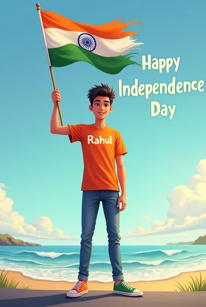 A real 25 years old boy hieght 5.3m, Wearing Orange T shirt blue jeans sneakers and the name “rahul” is written on his t-shirt and the boy is standing on the road with holding a national flag of India, and behind him is the beach. And written on sky “Independence Day” Create Realistic image high quality