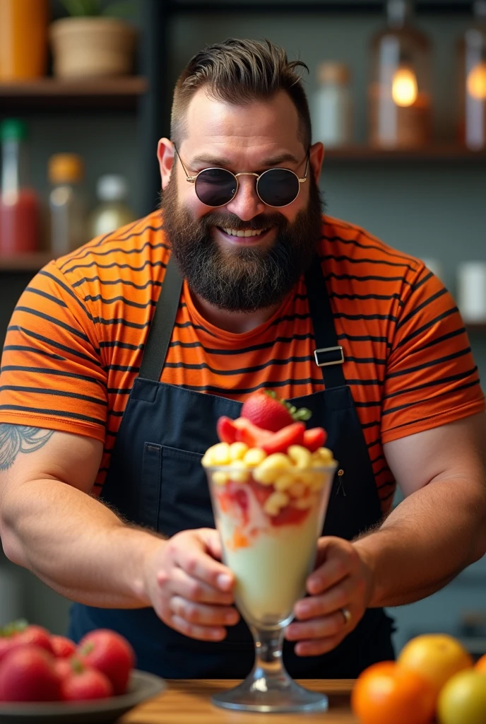 32 years old　male　Scary　Short Hair　Beard
Heavy build　Fruit Parfait　Store Manager
Orange and black striped T-shirt　Smile
Round sunglasses　The arms are thick