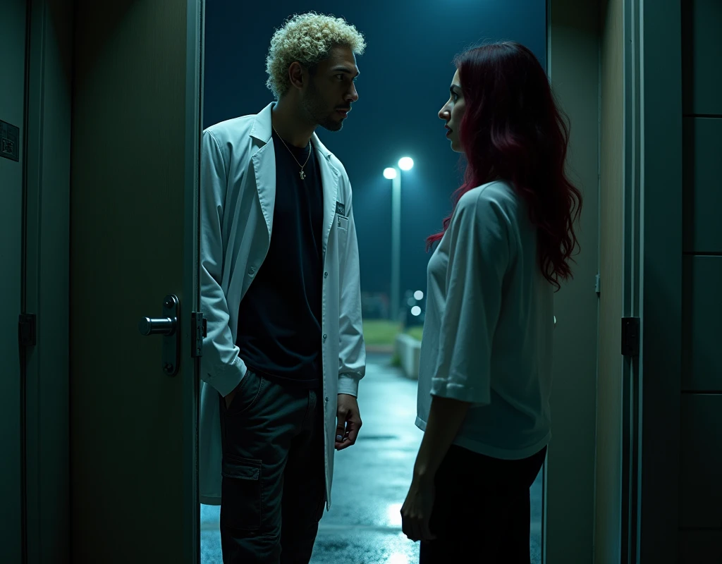 216 cm tall, 33-year-old man with short platinum blond wavy swept-back hair, dark skin, Arabic-Egyptian features, wearing a white lab coat over a black t-shirt and black cargo pants, holding open a a door of a double doorway of a secret facility as he looks down with a gentle expression at a 24-year-old woman that comes up to his shoulder in height, with vibrant maroon side-parted medium-length wavy hair, very pale skin, wearing a white flowy top and low-rise black pants, standing outside in a parking lot forest the facility near the doorway. Hip-shot, dark lighting, nighttime, photorealistic, cinematic.