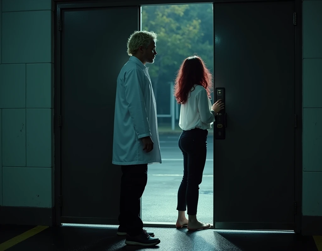 216 cm tall, 33-year-old man with short platinum blond wavy swept-back hair, dark skin, Arabic-Egyptian features, wearing a white lab coat over a black t-shirt and black cargo pants, holding open a a door of a double doorway of a secret facility as he looks down with a gentle expression at a 24-year-old woman that comes up to his shoulder in height, with vibrant maroon side-parted medium-length wavy hair, very pale skin, wearing a white flowy top and low-rise black pants, standing outside in a parking lot forest the facility near the doorway. Hip-shot, dark lighting, nighttime, photorealistic, cinematic.