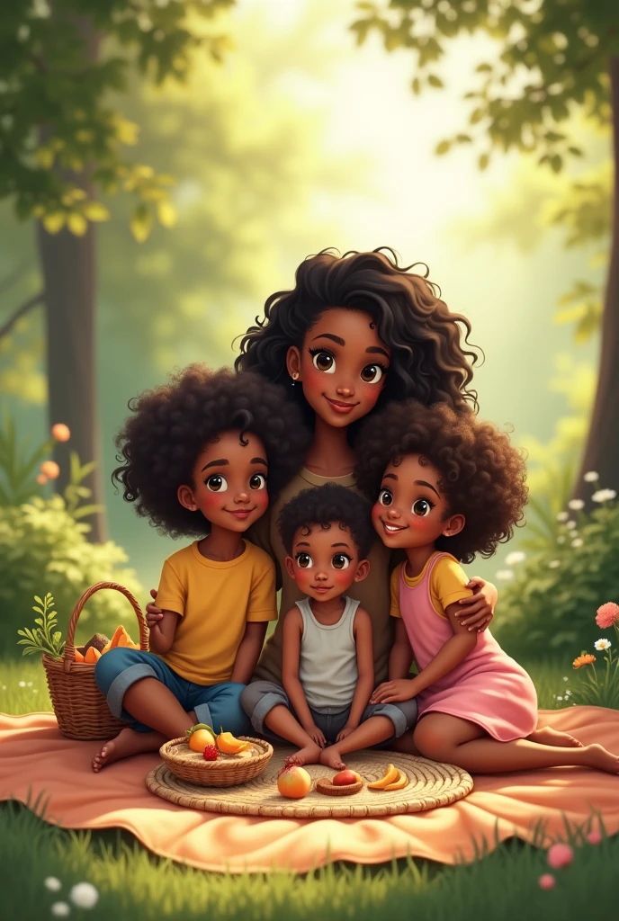 4 Black children, the oldest one is about with wavy black hair, the 5 year old witht black hair, the 3 year old with curly ir, and the 1 year old with very short hai their black mother with wavy black hair, a bit chubby, at a picnic