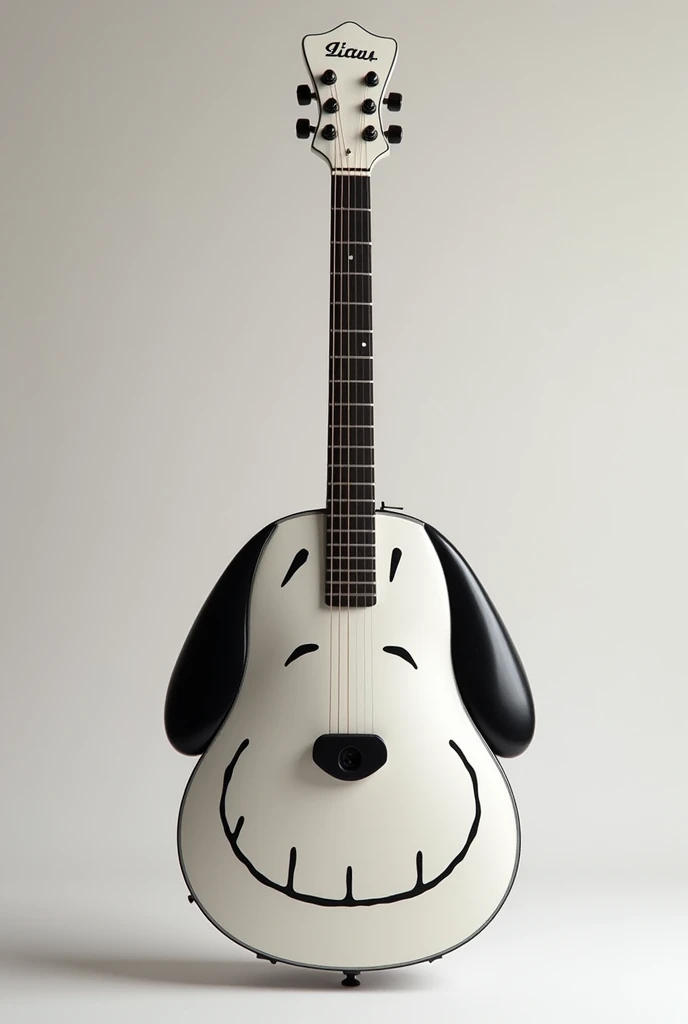 Make a guitar where the shape of the sound box is Snoppy's face and has its colors.