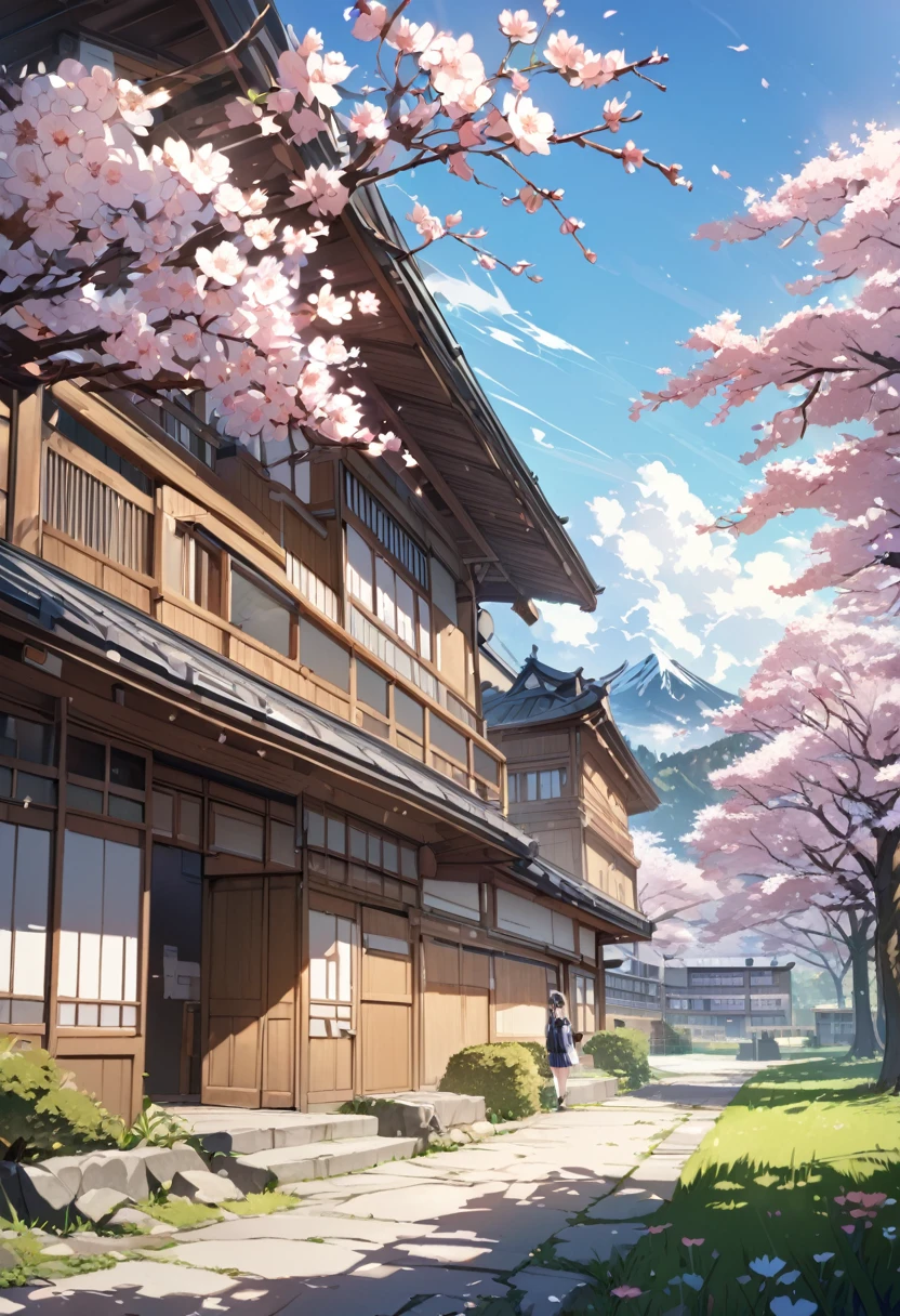 japanese high school building, spring, beautiful landscape, clear skies, masterpiece quality, ultra HD, 4K, best quality